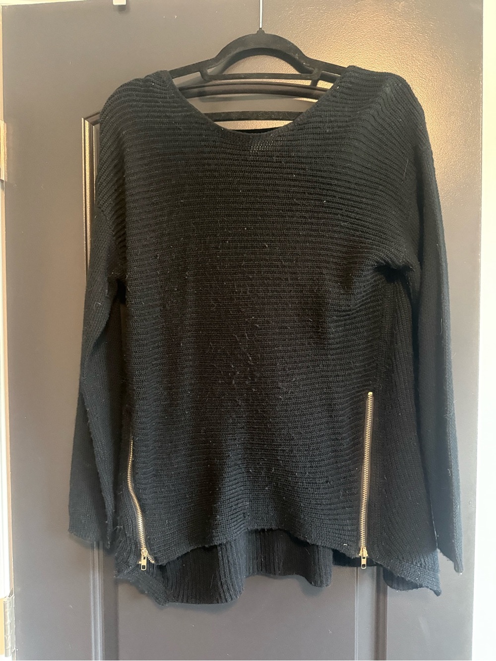 The Impeccable Pig Black Ribbed Crewneck Sweater with Gold Zippers